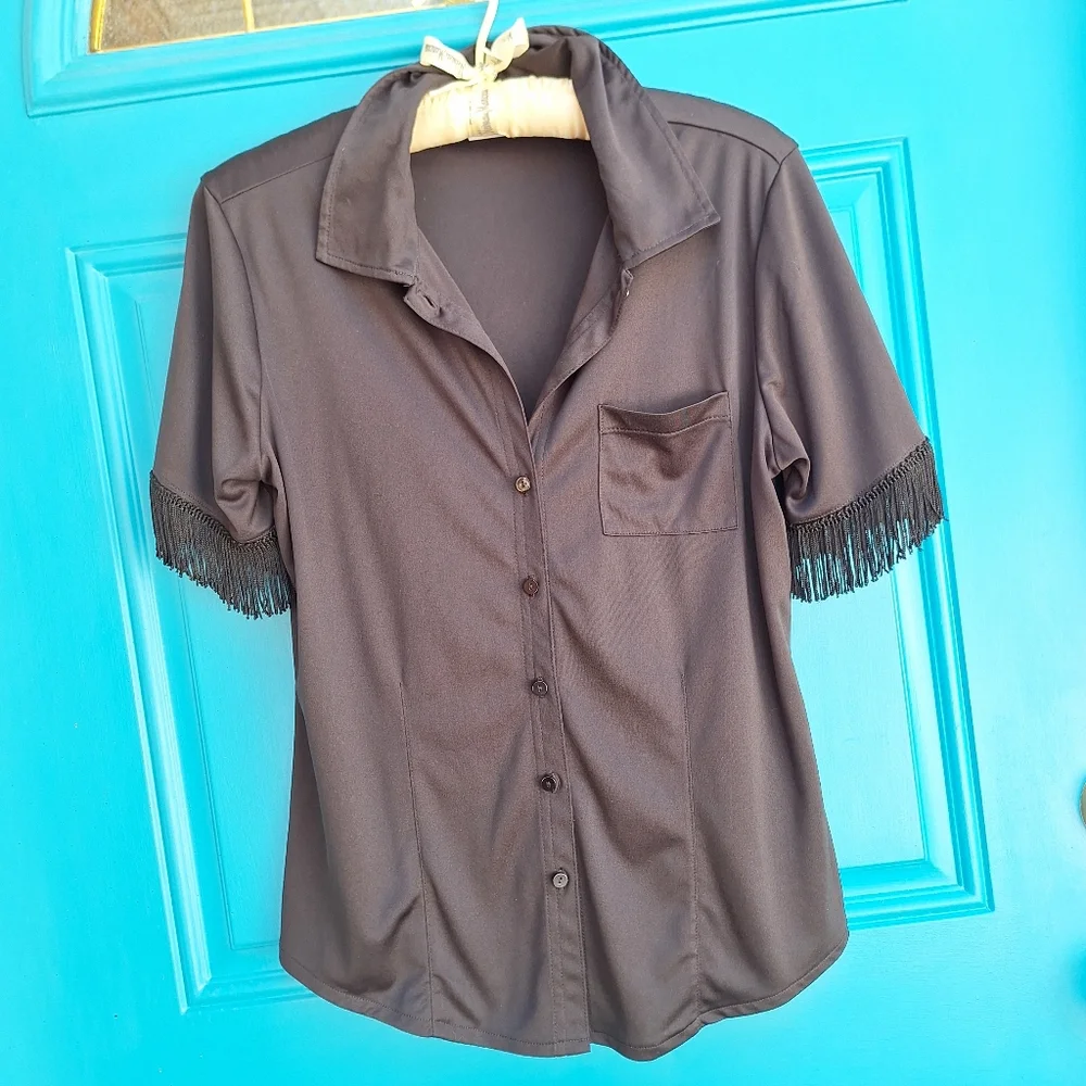 Vintage Blouse Fringe Sleeves Button Down Fitted Top Exagerated Flowy Trim M - Picture 14 of 17